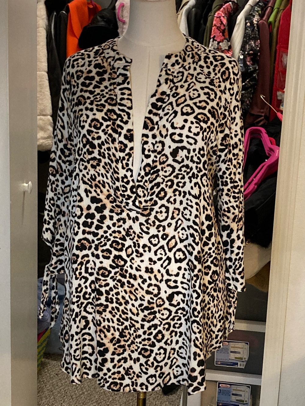 Leopard Print Women's Swim Cover-Up Tunic - White/Tan/Black